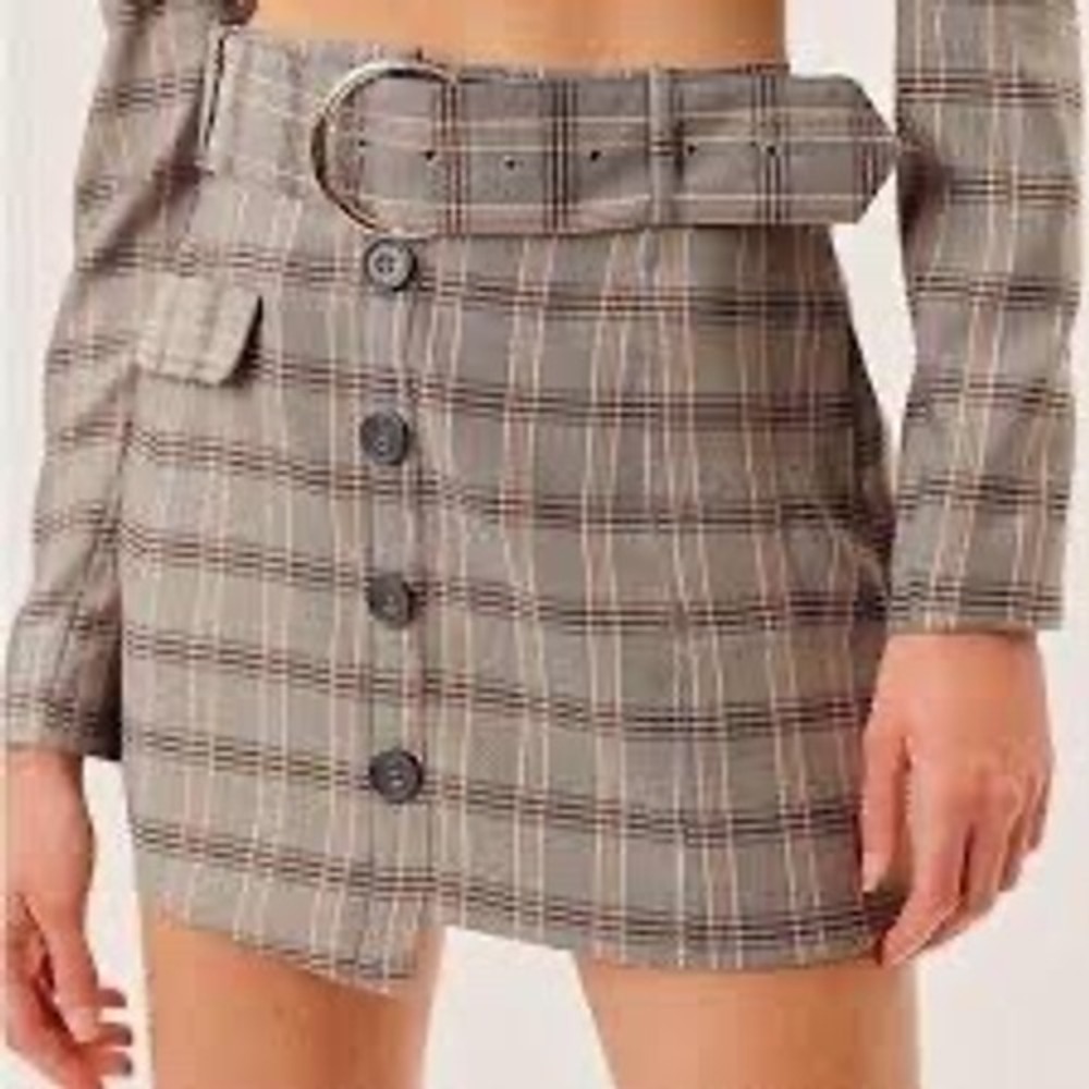For Love & Lemons Kym Plaid Belted Mini Skirt Herringbone Grey XXS